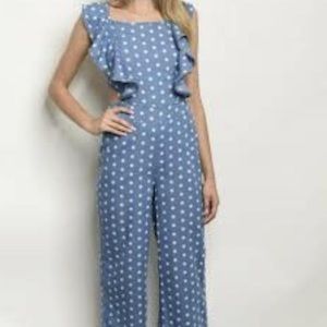 Denim Ruffed Strappy Back Polka Dot Jumpsuit